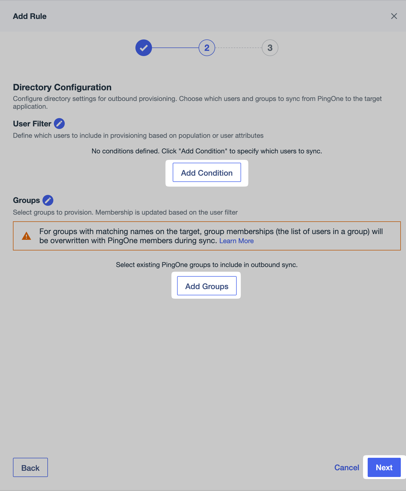 Configuring provisioning rule conditions in PingIdentity