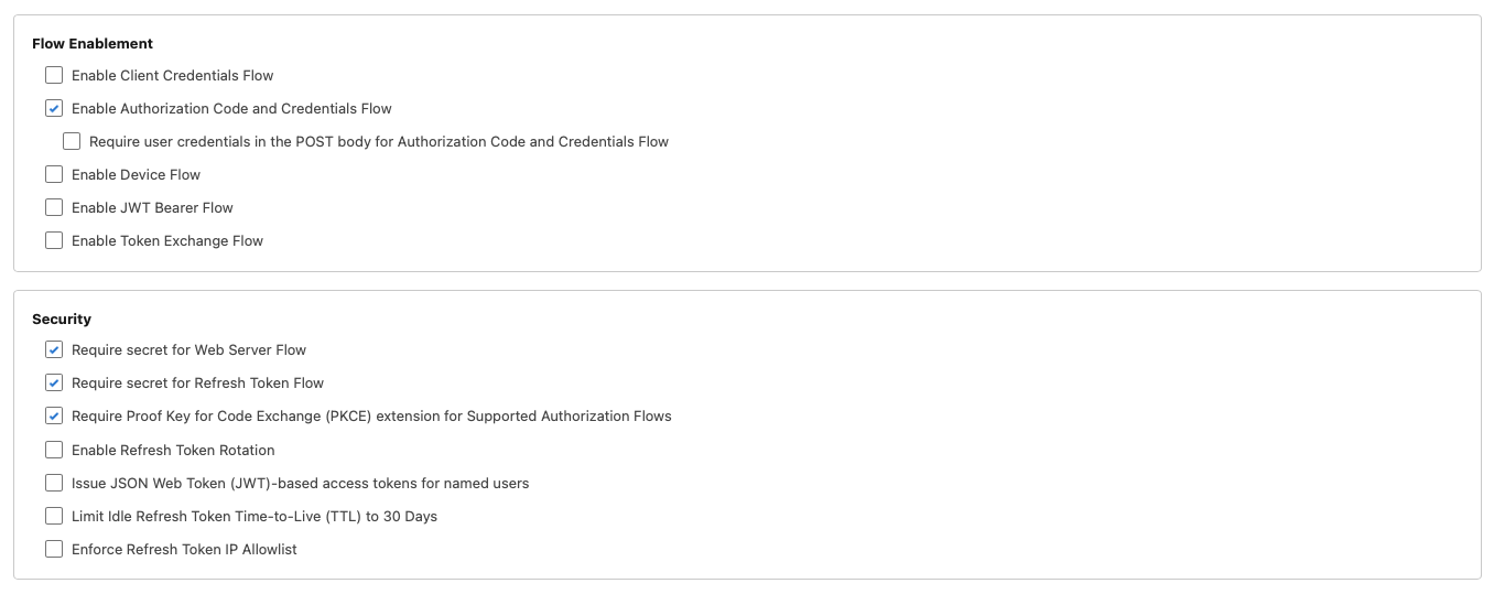 Flow Enablement and Security sections showing Authorization Code Flow enabled and PKCE checked