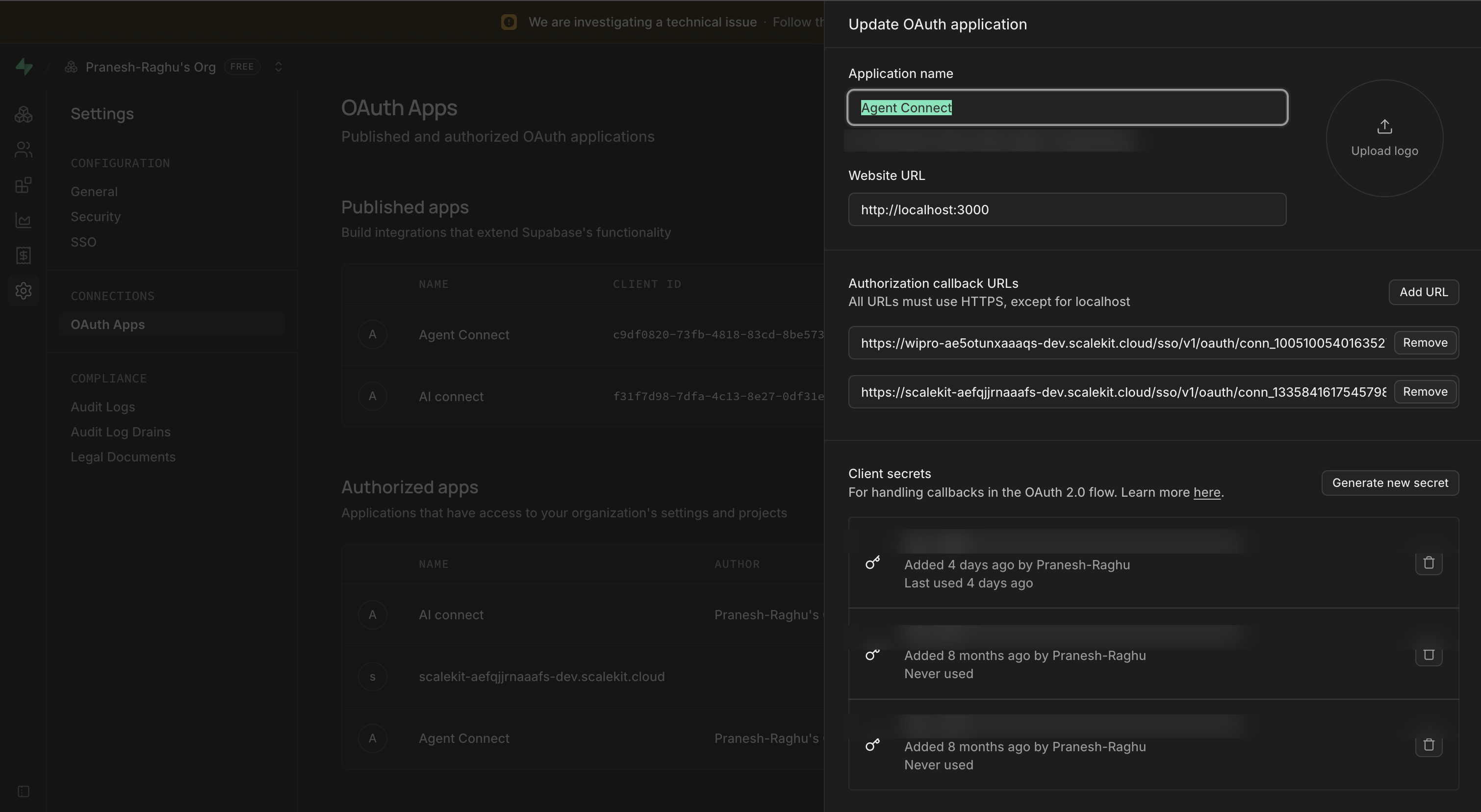 Supabase Update OAuth application panel showing the application ID, callback URLs, and client secrets